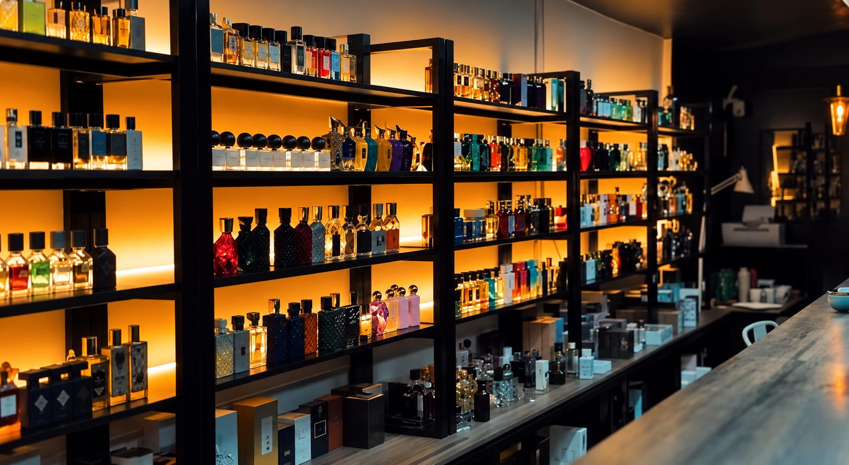 Interior de Bar de Perfumes con estanterías de fragancias